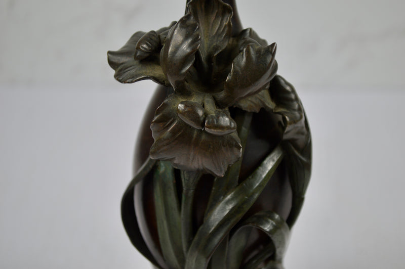 Japanese Bronze Iris Vase, Signed Seiya, Meiji Period (c.1890–1910)