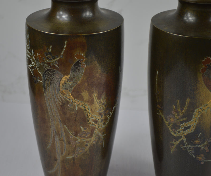 Pair of Japanese Bronze Vases Signed Kōshū (光舟刻), Meiji Period