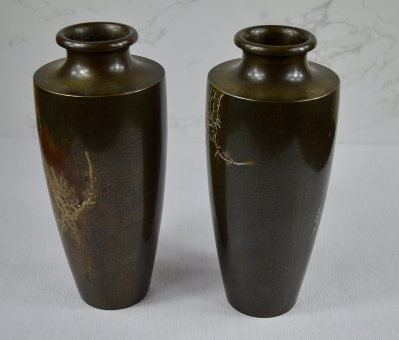 Pair of Japanese Bronze Vases Signed Kōshū (光舟刻), Meiji Period