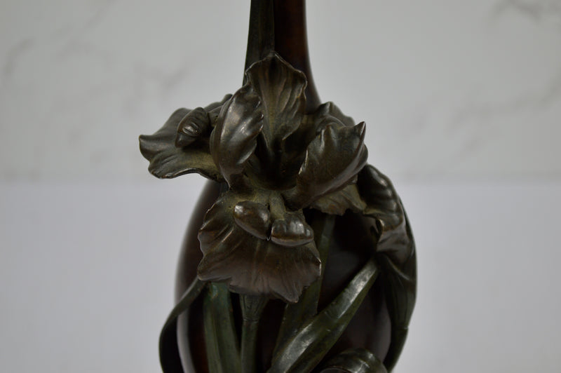 Japanese Bronze Iris Vase, Signed Seiya, Meiji Period (c.1890–1910)