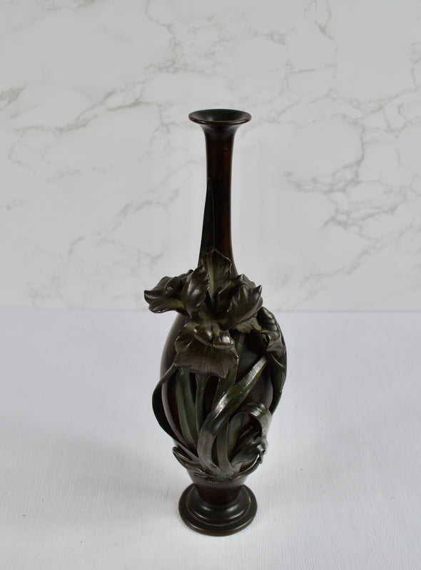 Japanese Bronze Iris Vase, Signed Seiya, Meiji Period (c.1890–1910)