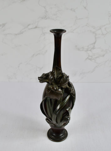 Japanese Bronze Iris Vase, Signed Seiya, Meiji Period (c.1890–1910)