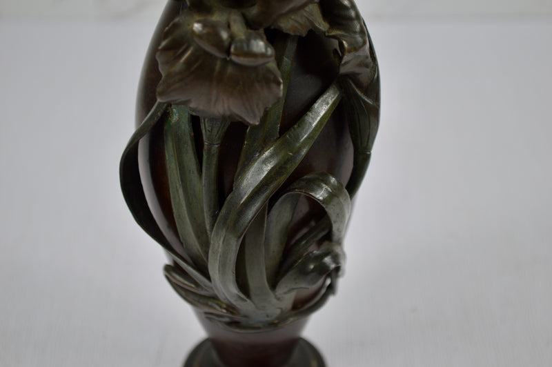 Japanese Bronze Iris Vase, Signed Seiya, Meiji Period (c.1890–1910)